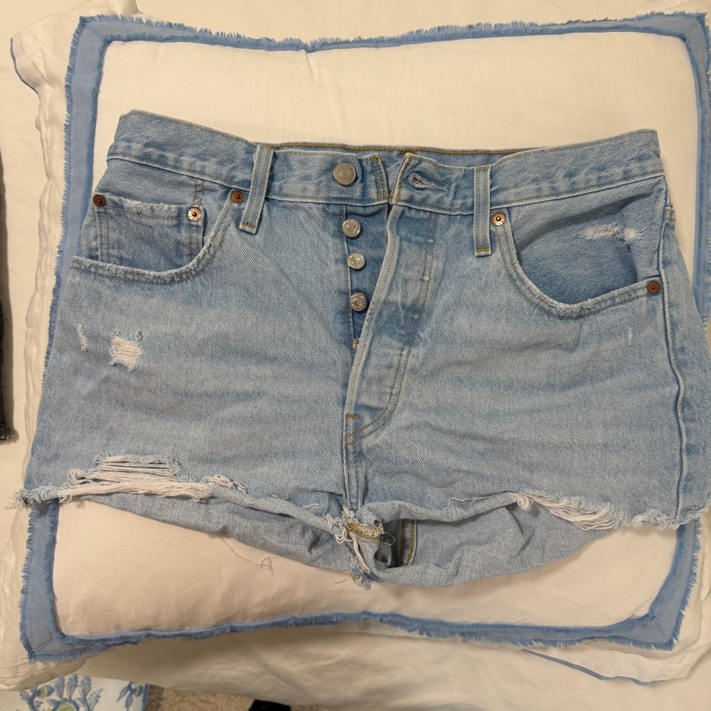 Levis 501 light Wash Distressed Denim Button-Front Shorts